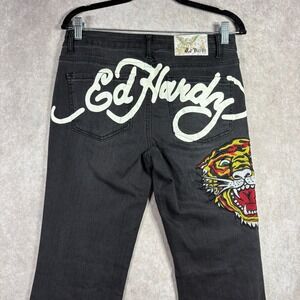 Ed Hardy Jeans Womens Size 28 Black Denim Flared Embroidered Tiger Head Y2K